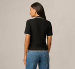 Short Sleeve Scalloped Trim Polo Cardigan Sweater In Black Cream 6