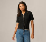 Short Sleeve Scalloped Trim Polo Cardigan Sweater In Black Cream 3