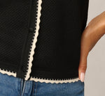 Short Sleeve Scalloped Trim Polo Cardigan Sweater In Black Cream 5