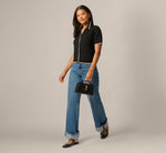 Short Sleeve Scalloped Trim Polo Cardigan Sweater In Black Cream 2