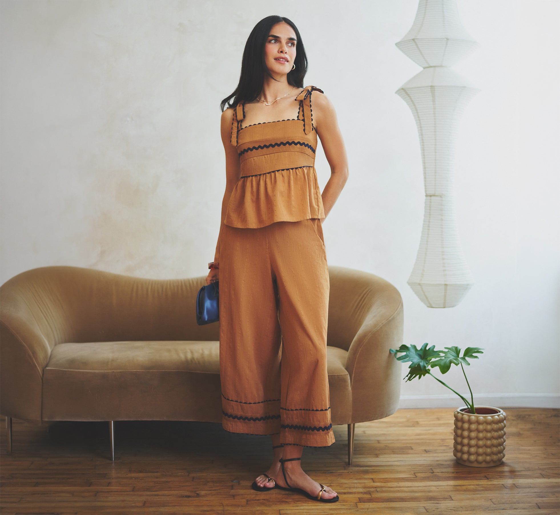 Cotton Bow Shoulder Babydoll Tank Top In Camel Blue Moon 1