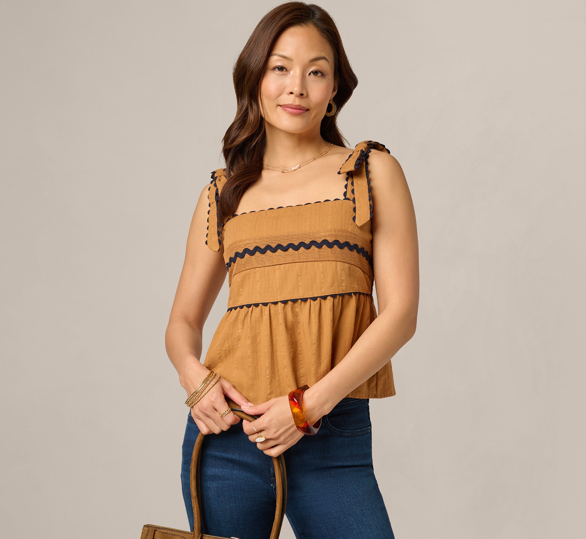 Cotton Bow Shoulder Babydoll Tank Top In Camel Blue Moon 1