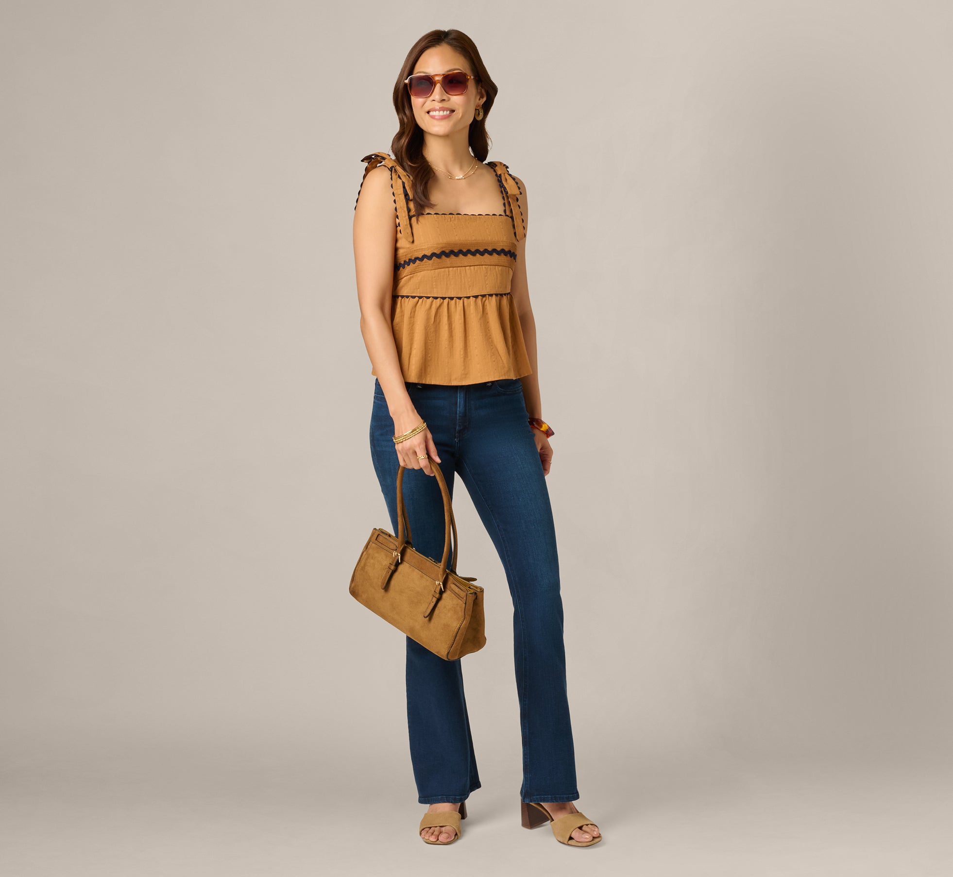 Brown Cotton Bow Shoulder Babydoll Tank Top - Adrianna Papell