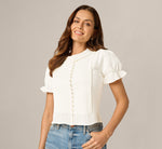 Puff Sleeve Pearly Trim Collared Sweater In Meringue 2