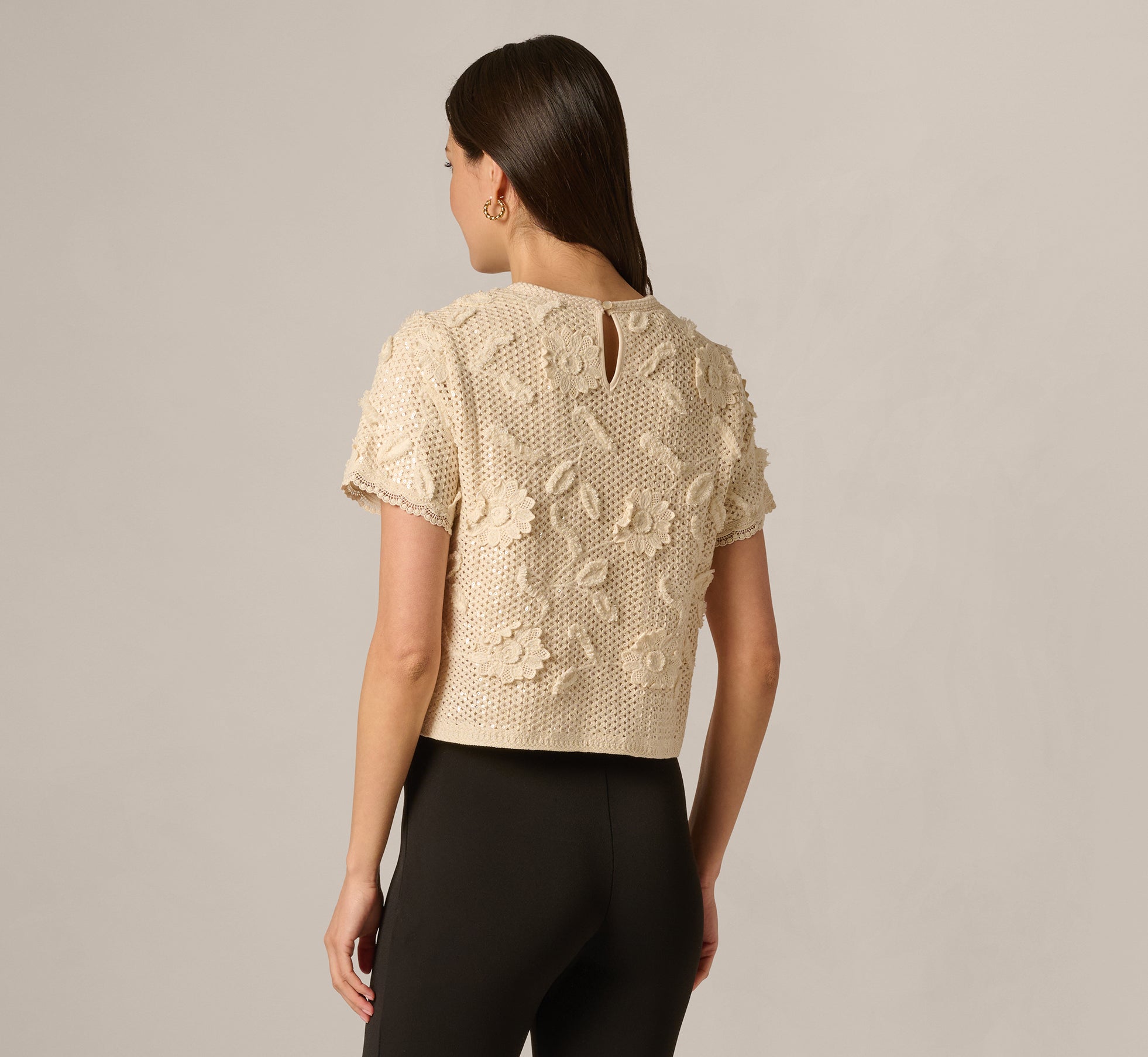 Beige Short Sleeve Floral Sequin Crochet Top - Adrianna Papell