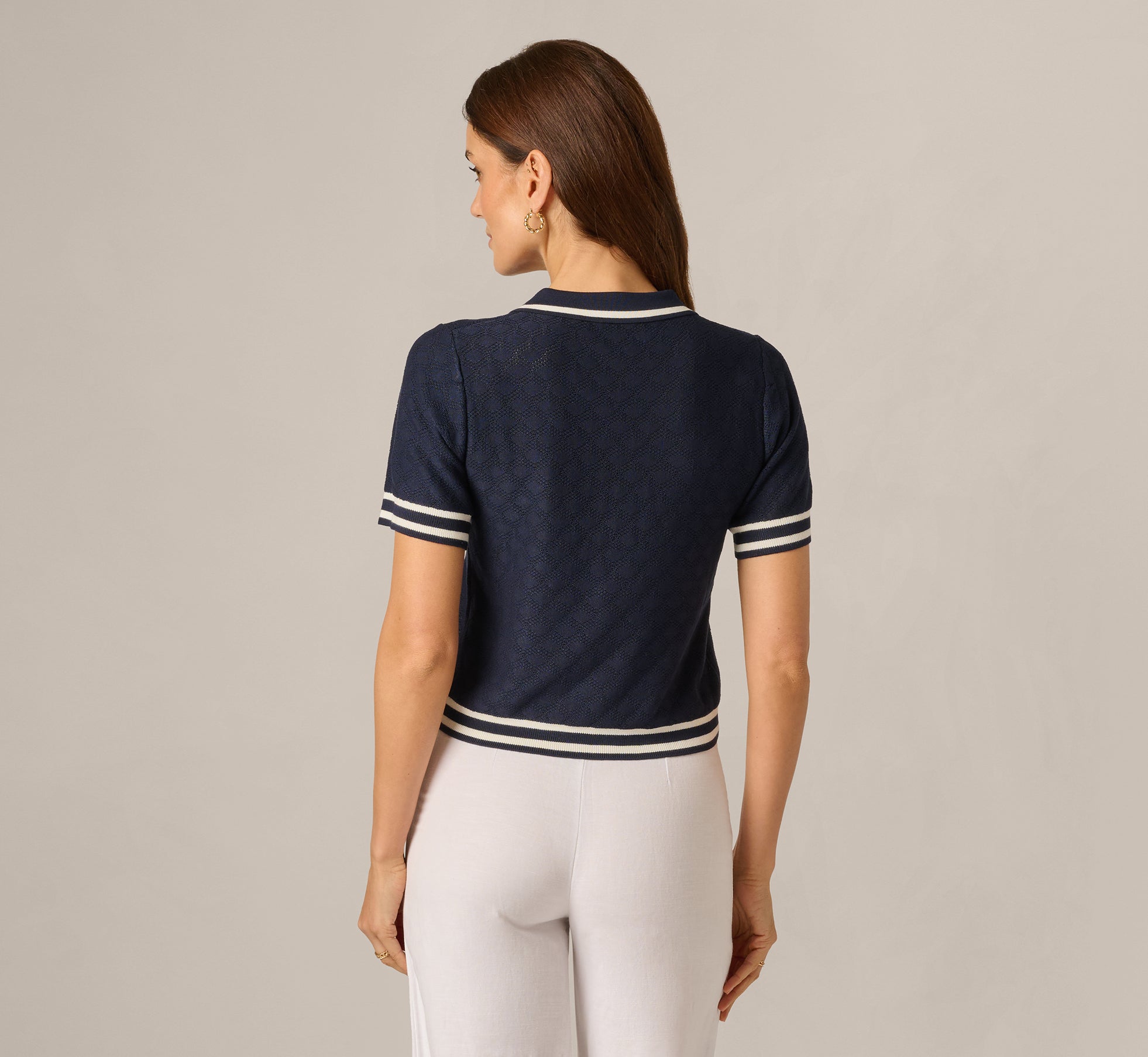 Multi Colored Short Sleeve Open Pointelle Knit Tipped Polo Top