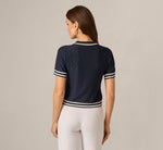 Short Sleeve Open Pointelle Knit Tipped Polo Top In Navy Ivory 6