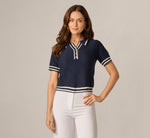 Short Sleeve Open Pointelle Knit Tipped Polo Top In Navy Ivory 3