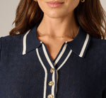 Short Sleeve Open Pointelle Knit Tipped Polo Top In Navy Ivory 2