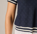 Short Sleeve Open Pointelle Knit Tipped Polo Top In Navy Ivory 7