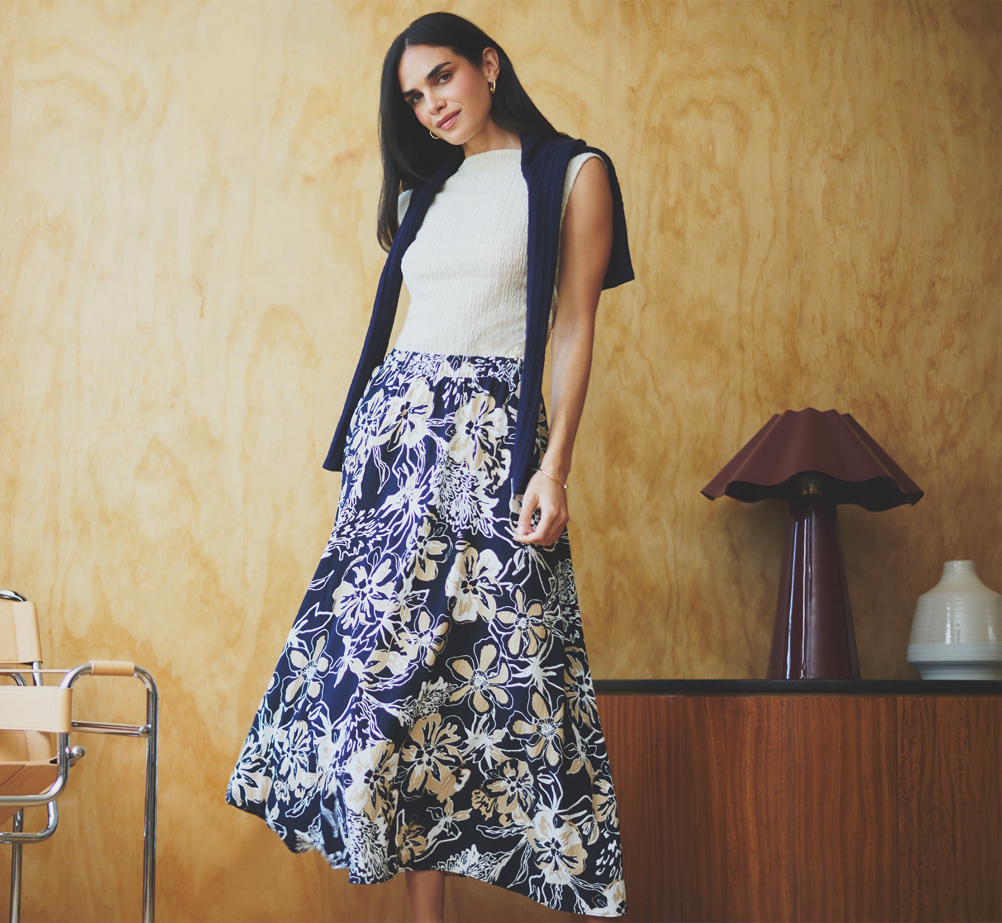 Ankle Length A Line Midi Skirt In Navy Ivory Whimsical Floral 1