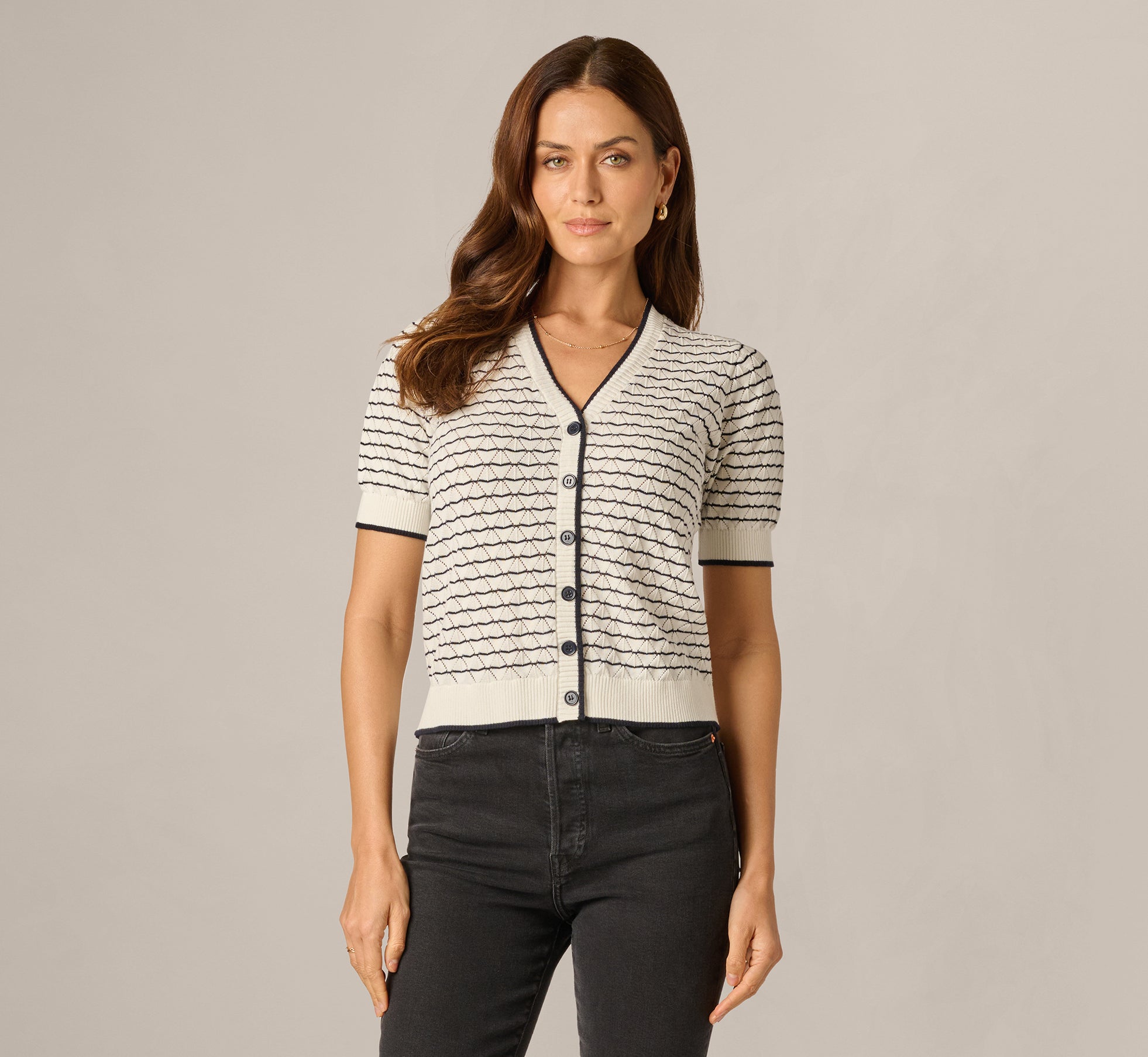 White Short Sleeve Open Pointelle Knit Cardigan Sweater - Adrianna