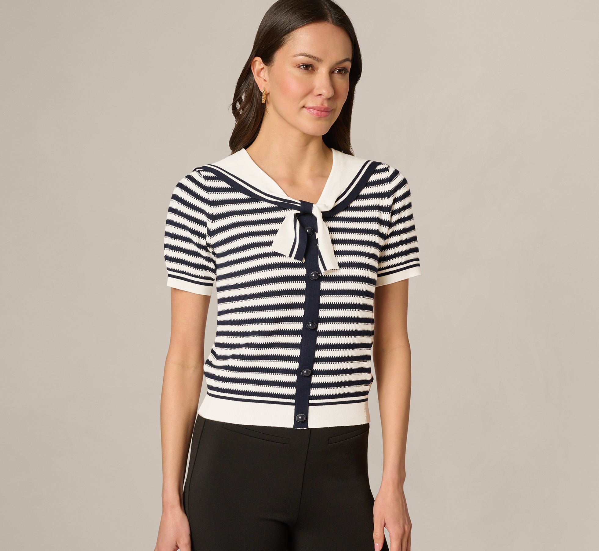 Short Sleeve Sailor Collar Pullover Sweater In Ivory Navy 1