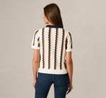 Open Knit Pointelle Scalloped Polo Sweater In Ivory Navy Camel 6