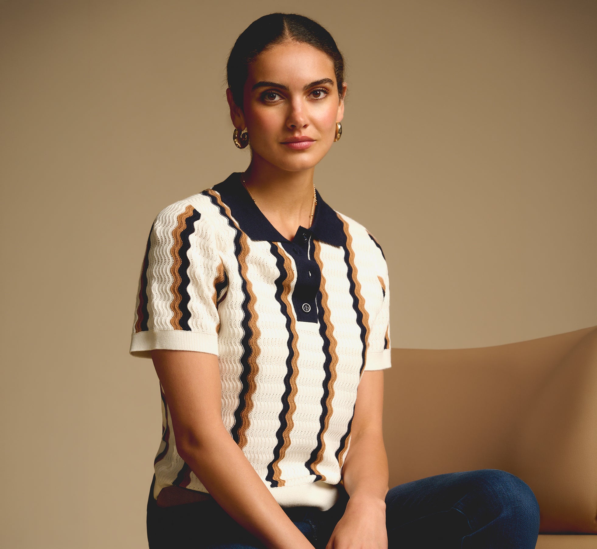 Open Knit Pointelle Scalloped Polo Sweater In Ivory Navy Camel 1