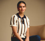Open Knit Pointelle Scalloped Polo Sweater In Ivory Navy Camel 1
