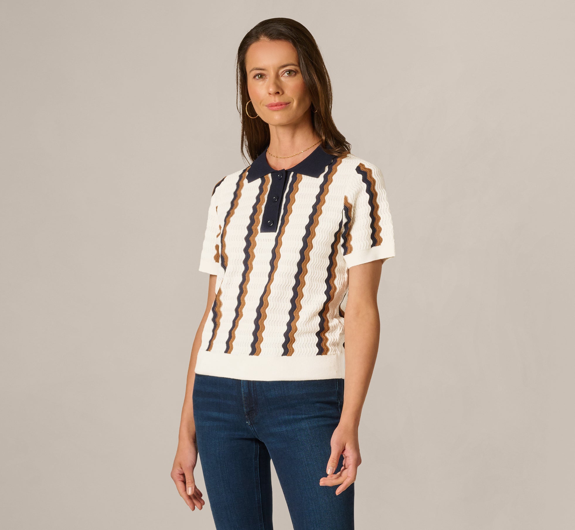 Open Knit Pointelle Scalloped Polo Sweater In Ivory Navy Camel 1