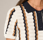 Open Knit Pointelle Scalloped Polo Sweater In Ivory Navy Camel 4