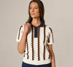 Open Knit Pointelle Scalloped Polo Sweater In Ivory Navy Camel 1