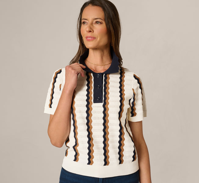 White Open Knit Pointelle Scalloped Polo Sweater - Adrianna Papell