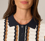 Open Knit Pointelle Scalloped Polo Sweater In Ivory Navy Camel 5