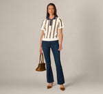 Open Knit Pointelle Scalloped Polo Sweater In Ivory Navy Camel 2