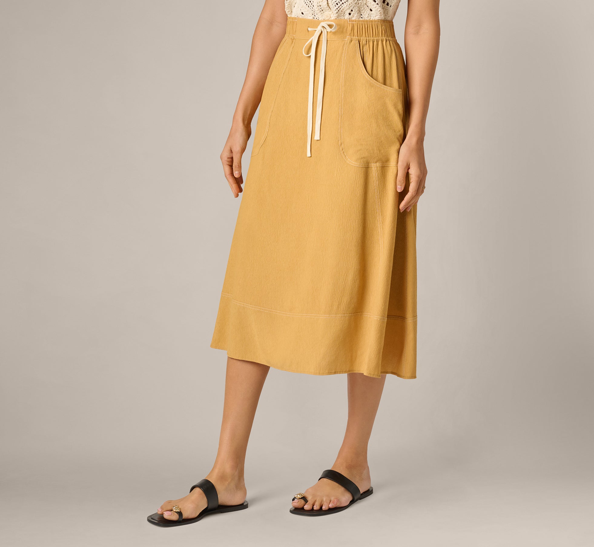 Yellow Drawstring Crinkle A Line Midi Skirt - Adrianna Papell