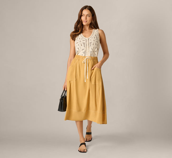 Yellow Drawstring Crinkle A Line Midi Skirt - Adrianna Papell