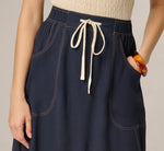 Drawstring Crinkle A Line Midi Skirt In Navy Khaki 3