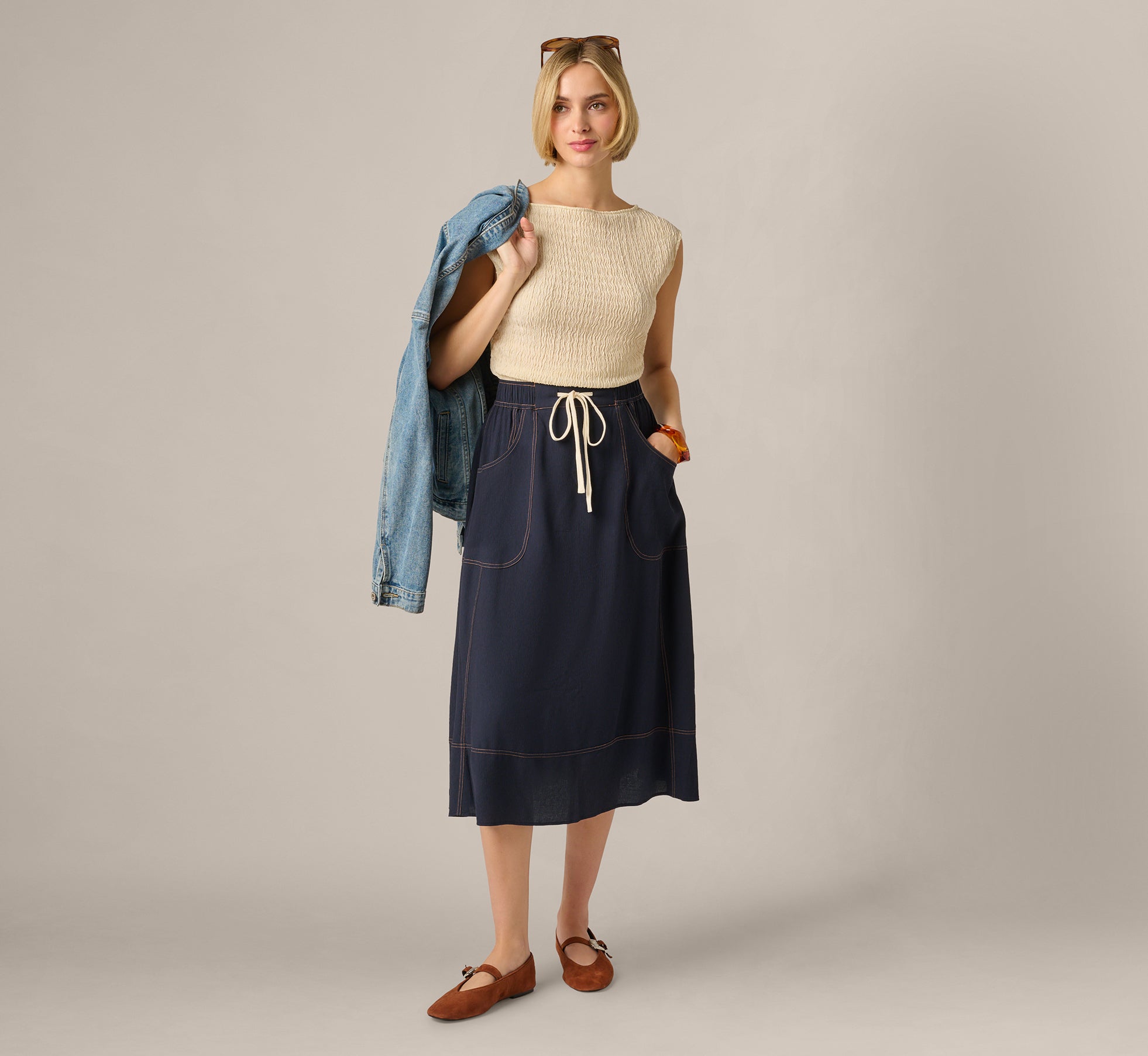 Drawstring Crinkle A Line Midi Skirt In Navy Khaki 1