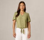 Short Sleeve Tie Waist Pullover Top In Oak Moss 3