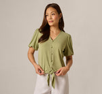 Short Sleeve Tie Waist Pullover Top In Oak Moss 1