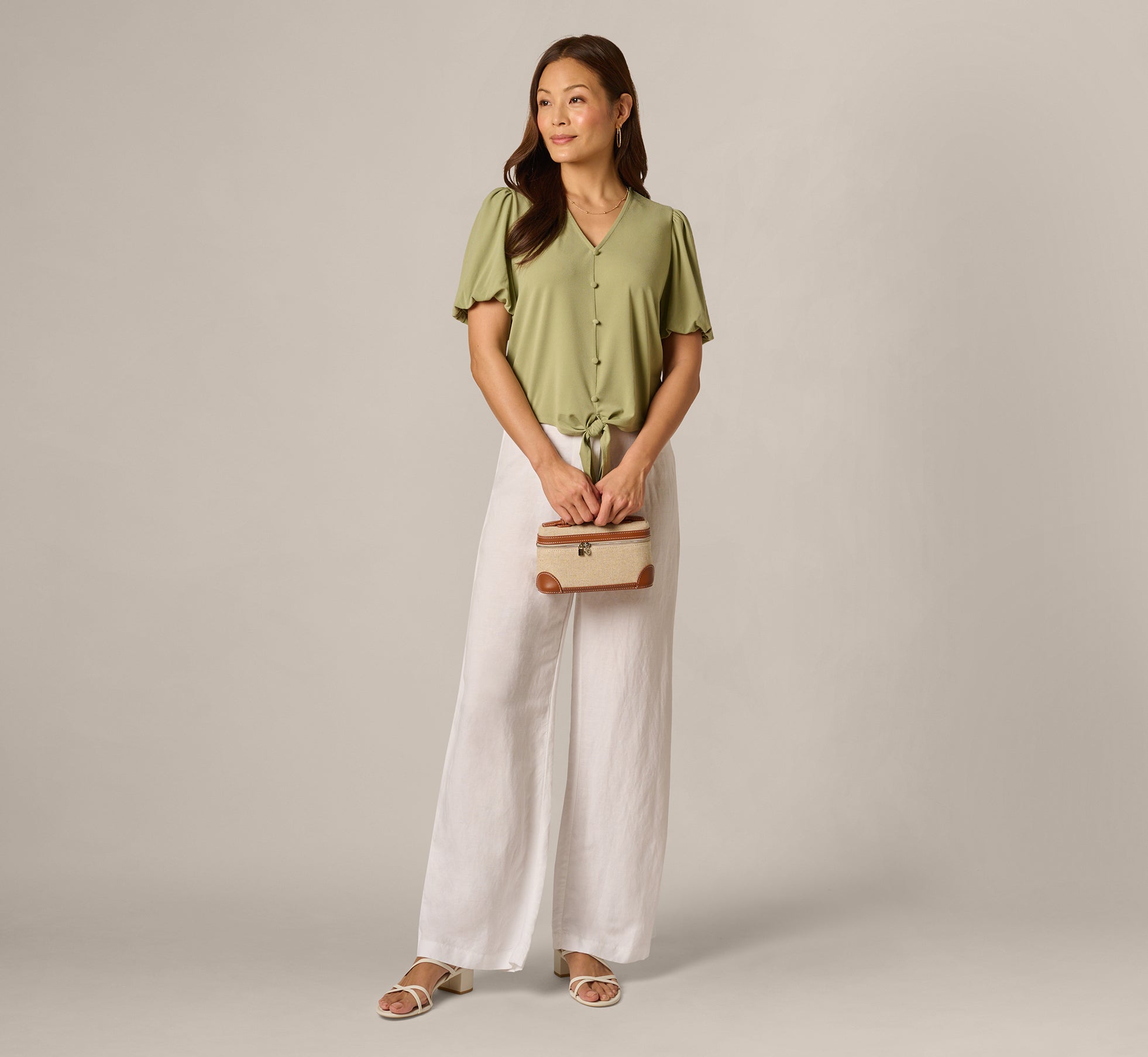 Green Short Sleeve Tie Waist Pullover Top - Adrianna Papell