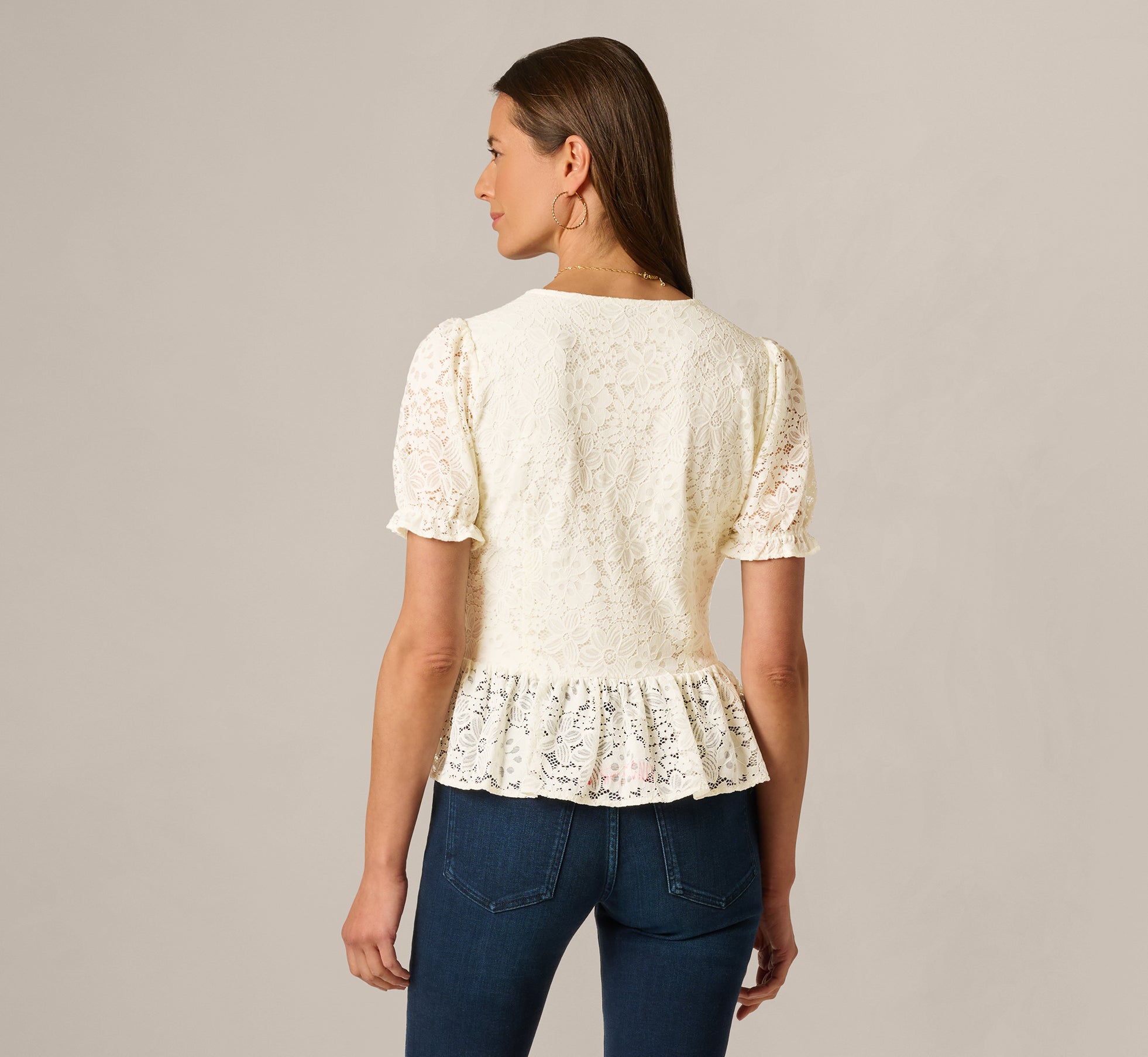 Ivory Puff Sleeve Lace Ruffle Peplum Top - Adrianna Papell