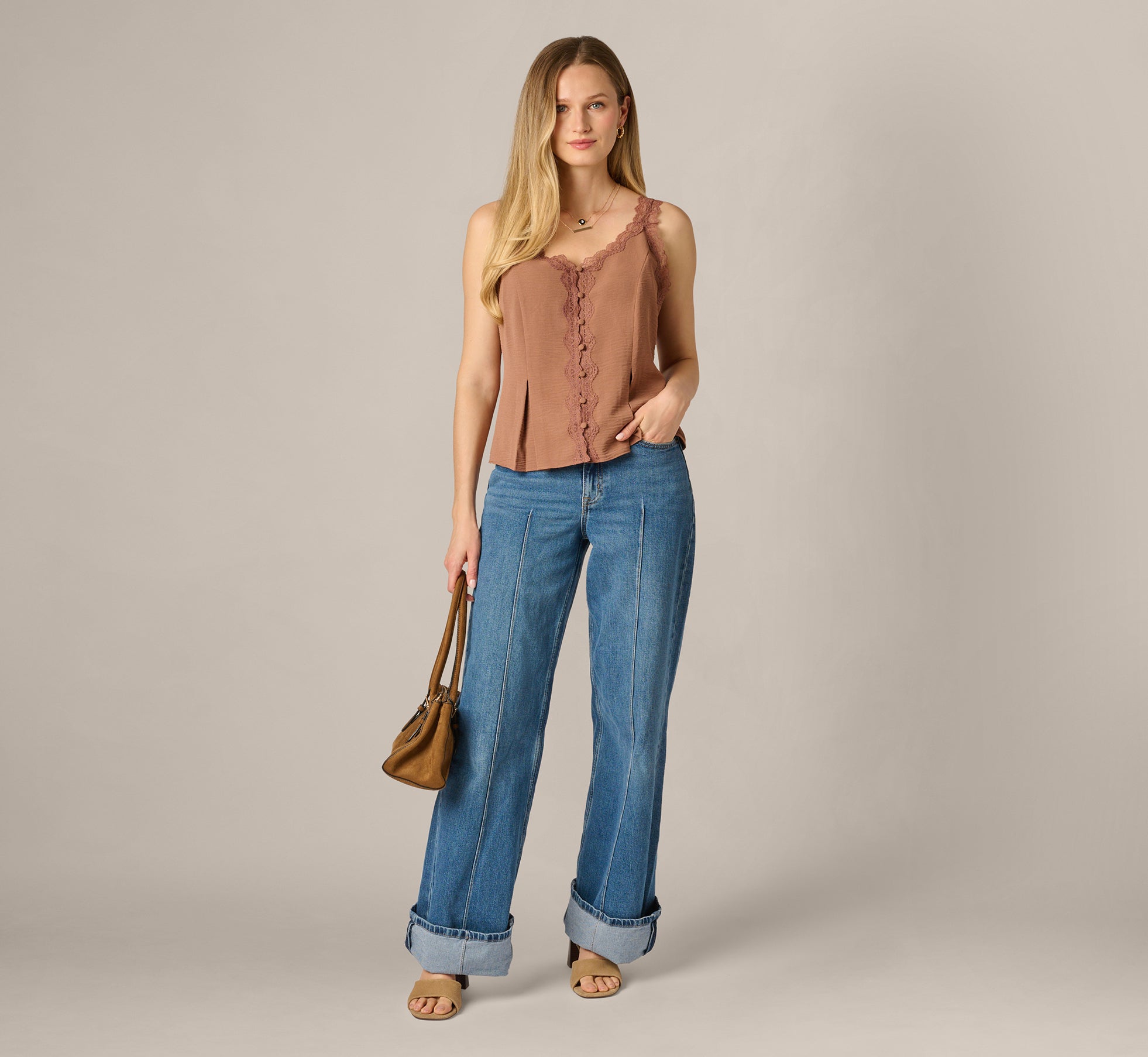 Brown Pleated Lace Trim Tank Top - Adrianna Papell