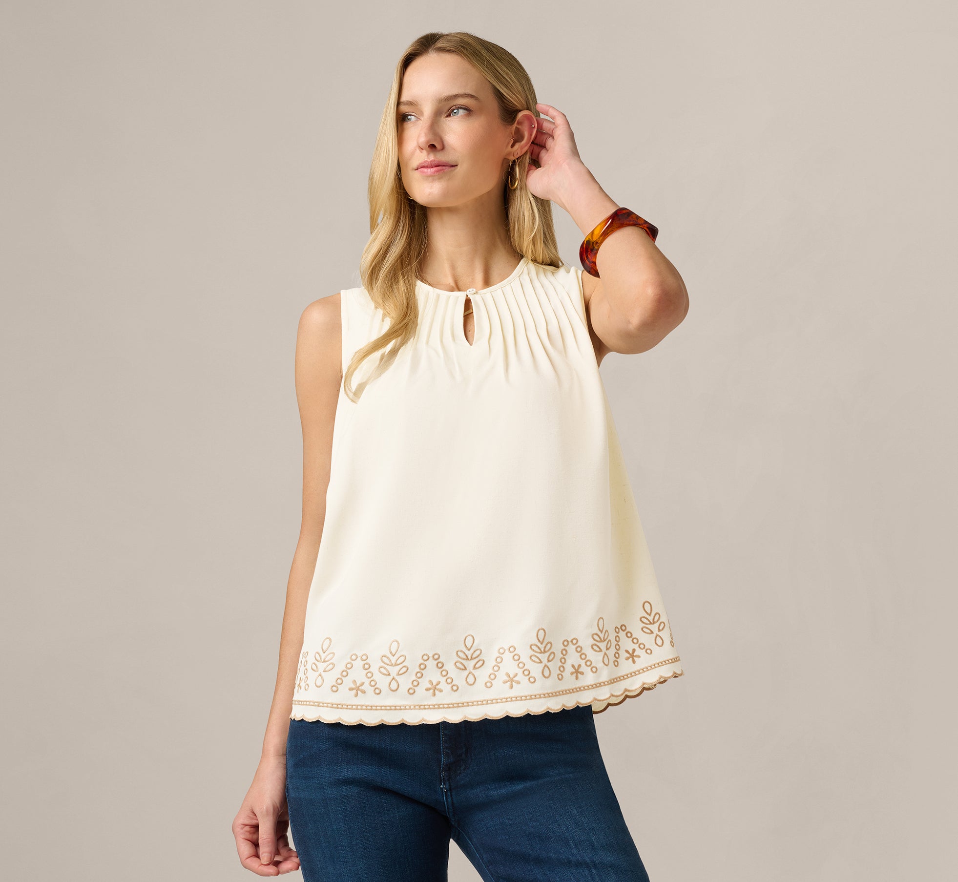 Embroidered Pintuck Keyhole Tank Top In Beige Fawn Taos Taupe 1
