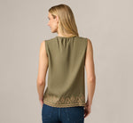 Embroidered Pintuck Keyhole Tank Top In Olive Tree Taos Taupe 6