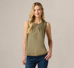 Embroidered Pintuck Keyhole Tank Top In Olive Tree Taos Taupe 3