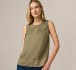Embroidered Pintuck Keyhole Tank Top In Olive Tree Taos Taupe 1