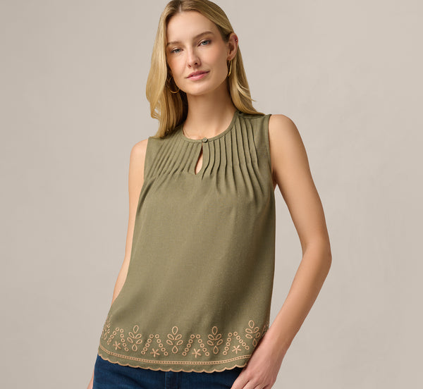 Green Embroidered Pintuck Keyhole Tank Top - Adrianna Papell
