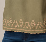 Embroidered Pintuck Keyhole Tank Top In Olive Tree Taos Taupe 5