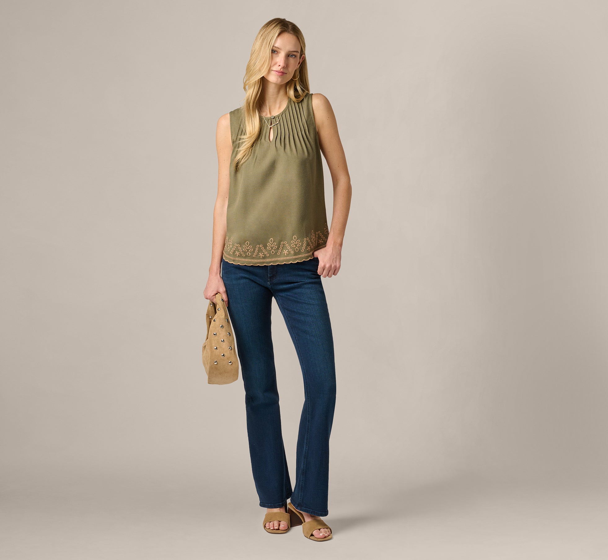 Green Embroidered Pintuck Keyhole Tank Top - Adrianna Papell