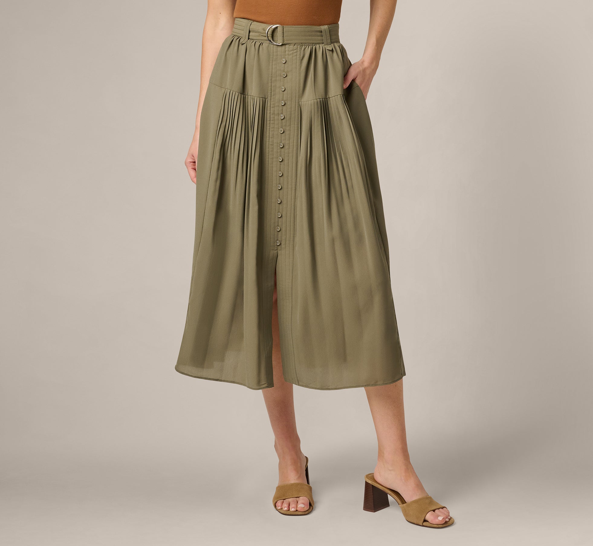 Green Belted A Line Pleated Midi Skirt - Adrianna Papell