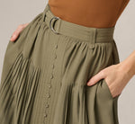 Belted A Line Pleated Midi Skirt In Olive Tree 3
