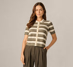 Short Sleeve Textured Knit Collared Cardigan Sweater In Olive Tree Combo 5