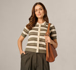 Short Sleeve Textured Knit Collared Cardigan Sweater In Olive Tree Combo 1