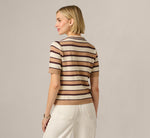 Short Sleeve Textured Knit Collared Cardigan Sweater In Chocolate Combo 6