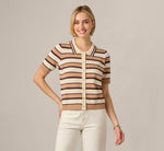 Short Sleeve Textured Knit Collared Cardigan Sweater In Chocolate Combo 3