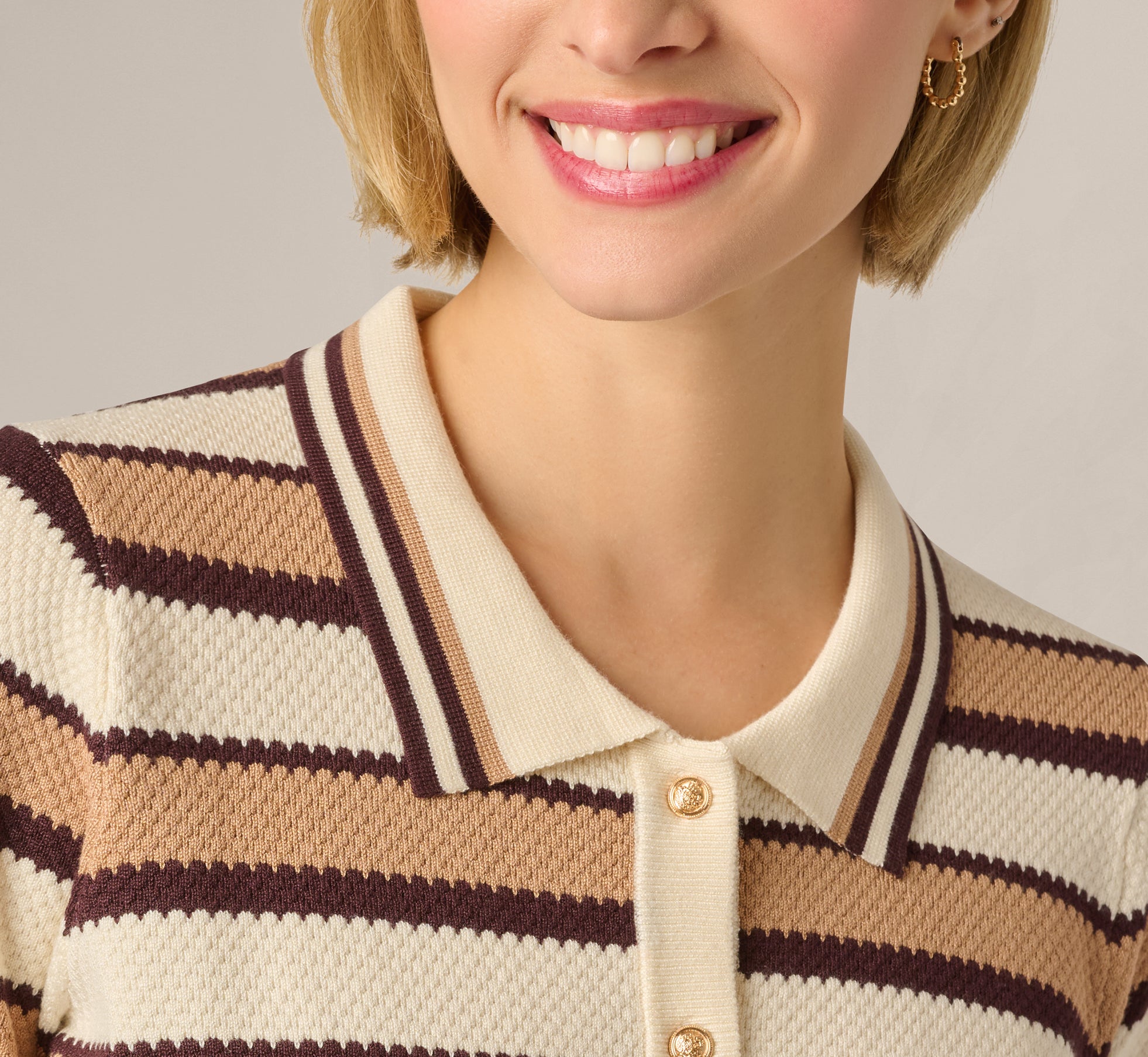 Short Sleeve Textured Knit Collared Cardigan Sweater In Chocolate Combo 1