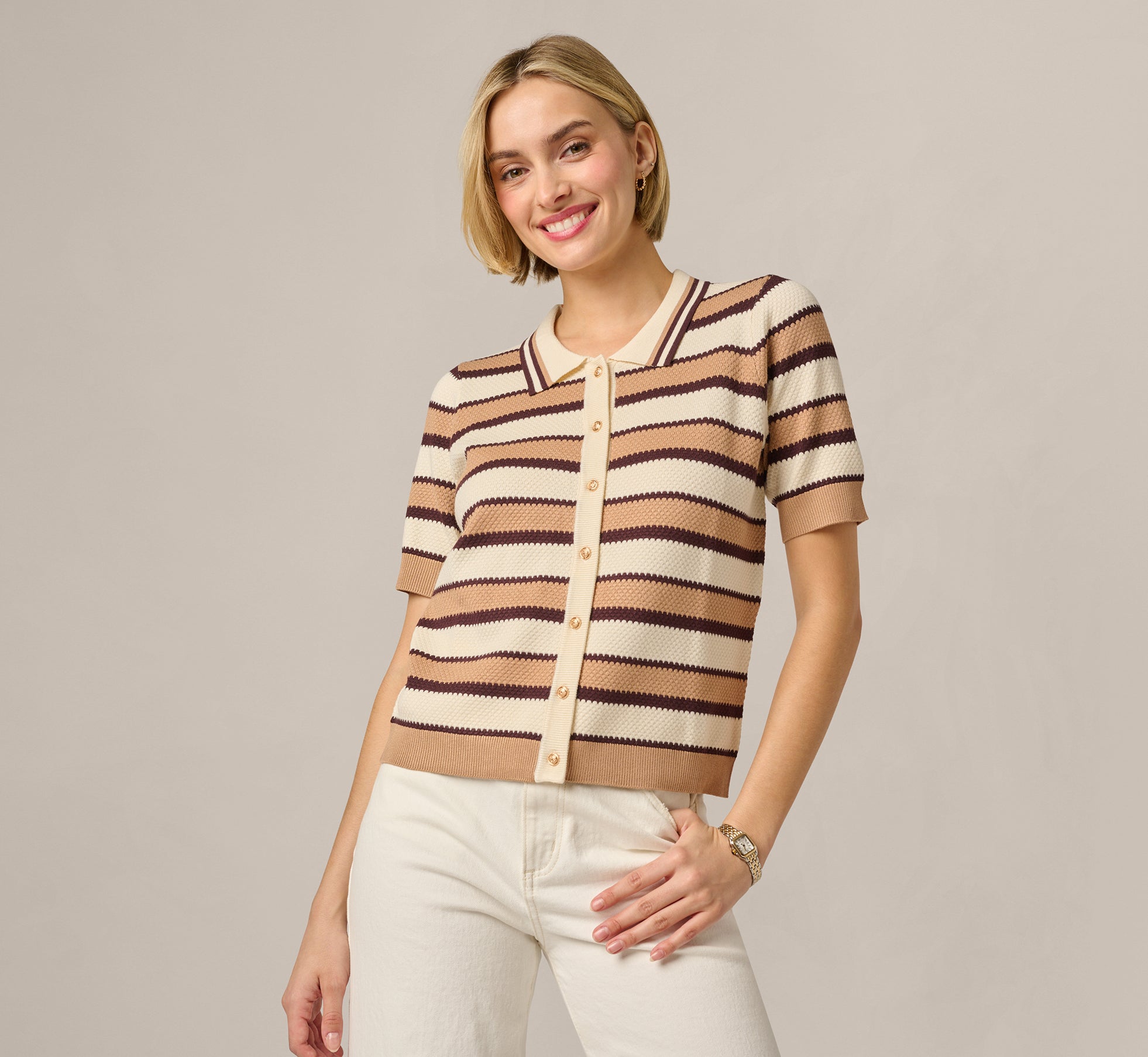 Short Sleeve Textured Knit Collared Cardigan Sweater In Chocolate Combo 1